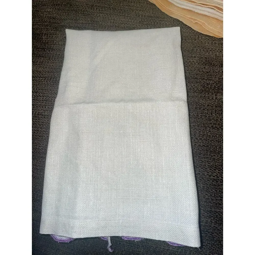 Vintage Linen Kitchen Towel Embroidered  Purple Stitching Boho Cottagecore